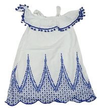 Bielo-cobaltovoě modré letné šaty s výšivkou a madeirou a volánikom s bambulkami Matalan