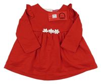 Nové - červené zateplené šaty s kvetmi a volánikmi