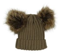 Hnědošedá žebrovaná pletená čepice s bambulemi 