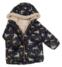 Tmavomodrá prošívaná šusťáková zimní bunda se zvířátky a kapucí Next