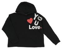 Čierna mikina s nápismi a srdiečkom a kapucňou OVS
