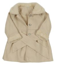 Smotanový flaušový podšitý kabát s kožešinou a golierikom a opaskom SHEIN