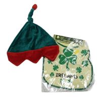 Nové - 2Set - Tmavozeleno/červená zamatová čapica M&S + smetanovo/tmavozelený bryndák s  M&S + smetanovo/tmavozelený bryndák s trojlístky Ireland