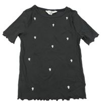 Čiernošedé rebrované tričko s kvietkami H&M
