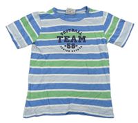 Bielo-modro-zelené pruhované tričko s nápismi Topolino