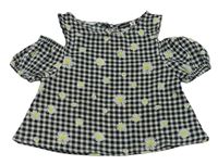Černo-bílá kostkovaná crop halenka s květy a průstřihy Pep&Co