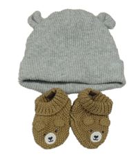 2set - Šedá melírovaná žebrovaná čepice s oušky + hnědé pletené capáčky s medvědy