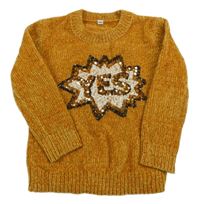 Medový třpytivý žinylkový svetr s nápisem z flitrů