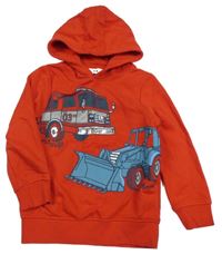 Červená mikina s hasiči s bagrem a kapucí C&A