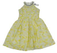 Nové - Bílo-žluté květované krajkové šaty s kamínky River Island