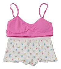 2set - Neonově růžová lambáda + smetanové puntíkaté kalhotky s tulipány