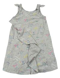 Sivé melírované šaty s farebnymi nápisy a volánikmi zn. M&S