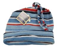 Nové - Modro-červená pruhovaná fleecová čepice s třásněmi 