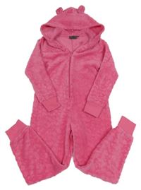 Ružová plyšová kombinéza s kapucňou