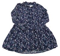 Tmavomodro-růžové květované lehké šaty s límečkem Pocopiano