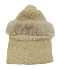 Béžová huňatá čepice s nákrčníkem a kožešinou 