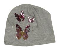 Šedá melírovaná čepice s motýlky z flitrů 