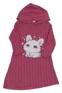 Tmavoružové úpletové rebrované šaty s mačkou a kapucňou