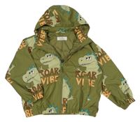 Khaki šusťáková podzimní bunda s dinosaury a kapucí H&M