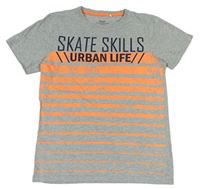 Sivo-neónově oranžové tričko s pruhmi a nápisom Yigga