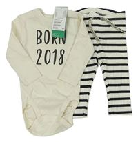 2set - Smetanové body s nápisem a číslem + bílo-černé pruhované žebrované legíny H&M