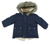 Tmavomodrá šušťáková zimná bunda s kapucňou s kožešinou Primark