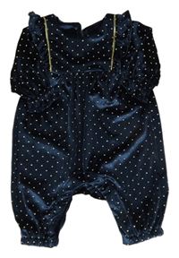 Tmavomodro-zlatý puntíkatý sametový overal s volánky M&S