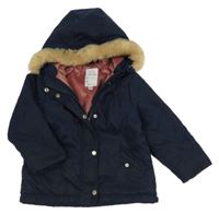 Tmavomodrá šusťáková zateplená bunda s kapucí s kožešinou 