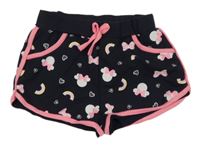 Tmavomodro-ružové kraťasy s Minnie a duhami