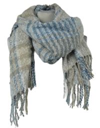 Dámská béžovo-modrá kostkovaná šála s třásněmi 