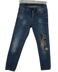 Dámské tmavomodré skinny kotníkové rifle s květy 