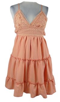 Dámské lososové šaty s krajkovým živůžkem 