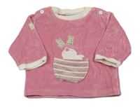 Ružová zamatová mikina s vreckom a vtáčikom