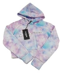 Nové - ružovo-modro-fialová crop mikina s logom a kapucňou