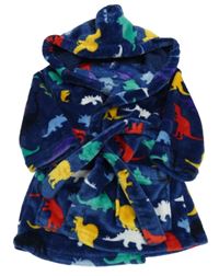 Tmavomodrý chlupatý župan s dinosaury a kapucí Nutmeg