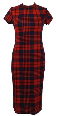 Dámske červeno-tmavomodré kockované dlhé šaty