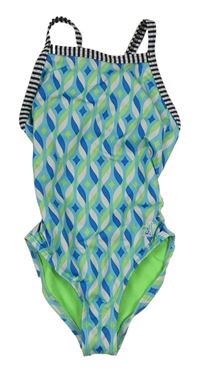 Modro-bílo-zelené vzorované jednodílné plavky 