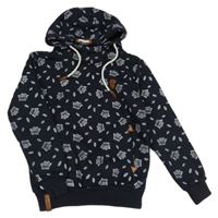 Tmavomodrá vzorovaná mikina se sovami a kapucí 