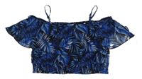 Modro-čierny šifónový crop top s listami a volánikom Page one young
