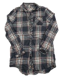 Tmavošedo-ružové kockované košeľové flanelové šaty Yigga