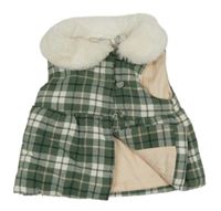 Kaki-biela kockovaná flanelová zateplená vesta s kožúškom Max Studio