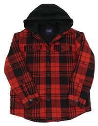 Červeno-čierna kockovaná flanelová zateplená košeľová bunda s kapucňou Next