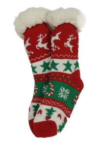 Nové - Červeno-bílo-zelené vzorované zateplené domácí ponožky vel. 29-32