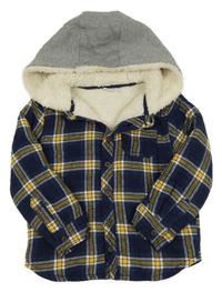 Tmavomodro-žluto-bílá kostkovaná zateplená bunda s kapucí 