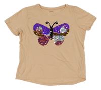 Svetloružové crop tričko s motýlkem z flitrů Sinsay