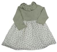 Bílo-khaki plátěno/pletené šaty s kvietkami Tu