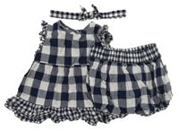 3set - Tmavomodro-biela kockovaná blúzková á tunika + kraťasy + čelenka F&F