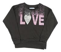 Tmavohnědošedá mikina so trblietavým nápisom a srdiečkom PRIMARK