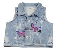 Modro-bílá vesta riflového vzhledu s motýlikmi a srdiečkami