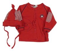 2Set - Červená propínací podšitá mikina s obrázkem + červeno/pruhovaná zavazovací čepice JACKY Baby